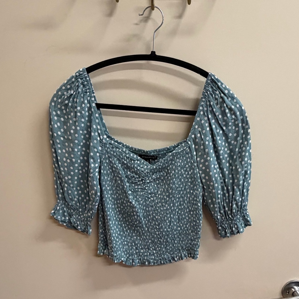 Dynamite Blue and White Puff Sleeve Blouse